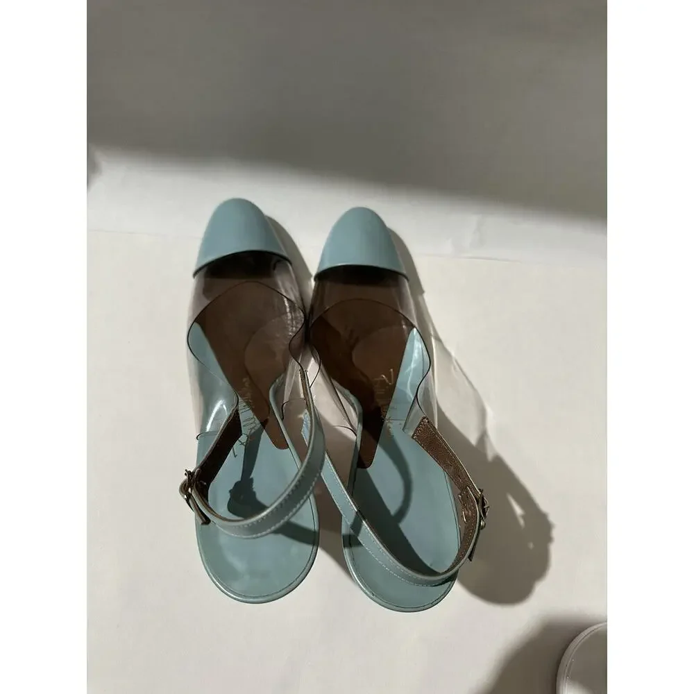 Bill Valentine Leather Turquoise Clear Sling Back Heel Sandals‎ Shoes Size 7
